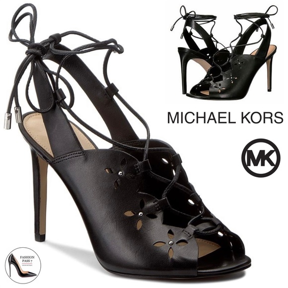 MICHAEL KORS THALIA BLACK LEATHER LACE UP SANDALS STILETTO HEELS SHOES PUMPS 9.5 - Picture 2 of 11